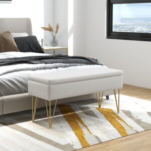 wohnli-moebel-suche-M24122765-1 Banquette coffre de rangement style art déco acier doré tissu crème 100x49x40cm PES - Polyester Weiß Homcom Sofas und Sessel Sofas Sitzbank und Polsterbank