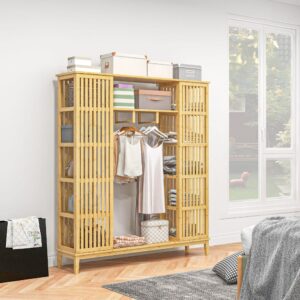 Armoire penderie en bambou 2 portes coulissantes 7 étagères 2 barres 145x165x35cm Bambus Beige Homcom Möbel Schlafzimmermöbel Schränke