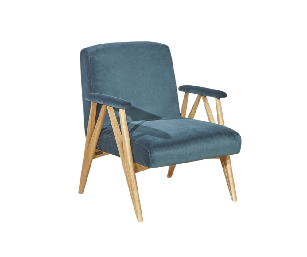 Wohnli Möbelsuche - Sessel aus Gummibaumholz und Samt Peacock Blue