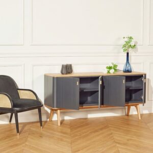 Eichenholz Buffet mit 4 Türen Gris anthracite 159x74x44cm Holz Grau Robin des Bois Möbel Esszimmermöbel Sideboards, Highboards & niedrige Anrichten