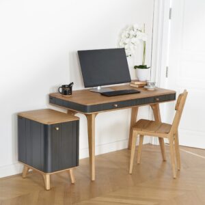 wohnli-moebel-suche-M24123379-1 Schreibtisch mit 2 Schubladen aus Eiche Gris anthracite 125x75x60cm Holz Grau Robin des Bois Möbel Büromöbel Schreibtische
