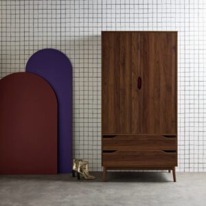 wohnli-moebel-suche-M24124289-1 Kleiderschrank Vintage Nussbaumdekor 2 Türen 90x180x55cm Spanplatte Braun sweeek Möbel Schlafzimmermöbel Schränke