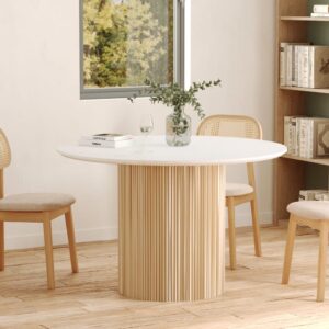 wohnli-moebel-suche-M24125683-1 Runder Tisch für 4 Personen aus weißem Marmor und Mango-Holz D120 cm 120x76x120cm Marmor Braun Maison Pavane Möbel Esszimmermöbel Esstische