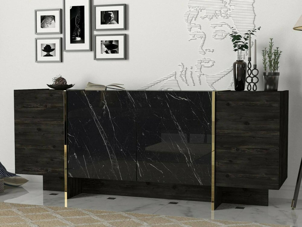 Kommode Holzeffekt schwarzes gold 180x47 h76 cm 180x76x47cm Holz Schwarz Dmora Möbel Esszimmermöbel Sideboards, Highboards & niedrige Anrichten