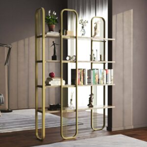 wohnli-moebel-suche-M24128412-1 Bücherregal Holzeffekt gelb 125x28 h180 cm 125x180x28cm Holz Gold Dmora Möbel Wohnzimmermöbel Bücherregale