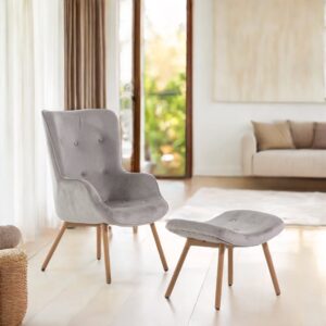 Lese-Relaxsessel mit Fußhocker aus Samt hellgrau 66x93x76cm Samt Grau Siediti Fuori e Dentro Sofas und Sessel Sessel, Poufs und Fußbänke Sessel