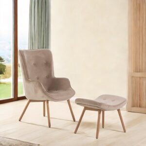 Lese-Relaxsessel mit Fußhocker aus Samt beige 66x93x76cm Samt Beige Siediti Fuori e Dentro Sofas und Sessel Sessel, Poufs und Fußbänke Sessel