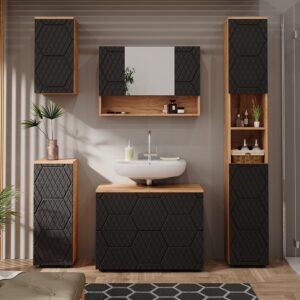 wohnli-moebel-suche-M24137134-1 Midischrank Schublade,2 Fächer,Badezimmer Anthrazit mit Wabenstruktur 30x81x30cm Spanplatte Schwarz Vicco Möbel Badezimmermöbel