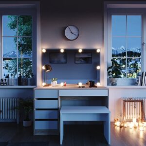 wohnli-moebel-suche-M24137691-1 Schminktisch mit LED Beleuchtung und Bank Weiß/Sonoma 120x75cm 120x75x55cm Spanplatte Weiß Vicco Möbel Schlafzimmermöbel Schminktische