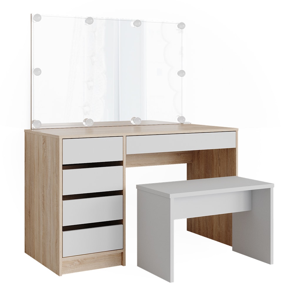 wohnli-moebel-suche-M24137691 Wohnli Möbelsuche - Schminktisch mit LED Beleuchtung und Bank Weiß/Sonoma 120x75cm