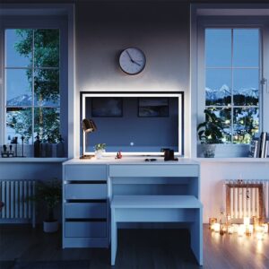 wohnli-moebel-suche-M24137692-1 Schminktisch mit LED-Spiegel und Bank Weiß 120x75cm 120x75x55cm Spanplatte Weiß Vicco Möbel Schlafzimmermöbel Schminktische