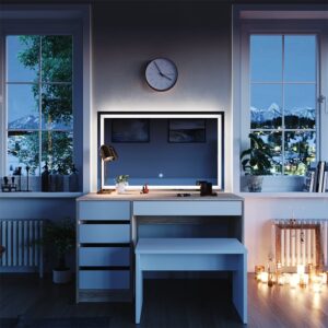 wohnli-moebel-suche-M24137733-1 Schminktisch mit LED Spiegel und Hocker Weiß/Sonoma 120x75cm 120x75x55cm Spanplatte Weiß Vicco Möbel Schlafzimmermöbel Schminktische