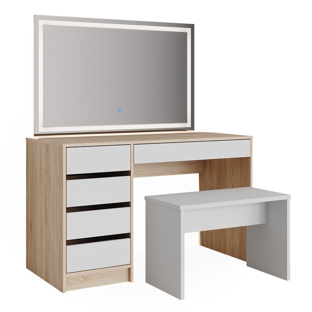 Wohnli Möbelsuche - Schminktisch mit LED Spiegel und Hocker Weiß/Sonoma 120x75cm