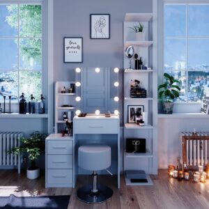 wohnli-moebel-suche-M24137742-1 Schminktisch mit LED Beleuchtung und Hocker Weiß 80x131.6cm 80x132x36cm Spanplatte Weiß Vicco Möbel Schlafzimmermöbel Schminktische
