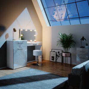 wohnli-moebel-suche-M24137765-1 Schminktisch mit LED Beleuchtung und Hocker Weiß 135x90cm 135x90x39cm Spanplatte Weiß Vicco Möbel Schlafzimmermöbel Schminktische