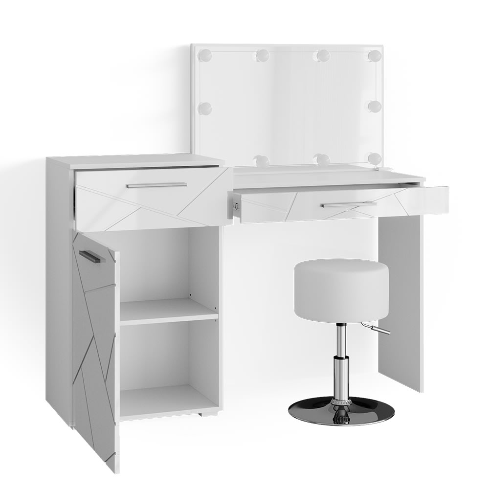 wohnli-moebel-suche-M24137765 Wohnli Möbelsuche - Schminktisch mit LED Beleuchtung und Hocker Weiß 135x90cm