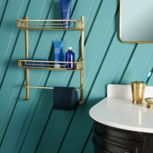 Wandregal 2 Stufen mit Handtuchhalter Messing golden - H56 cm 42x56x14cm Metall Gold Signature Möbel Badezimmermöbel Badezimmerregale