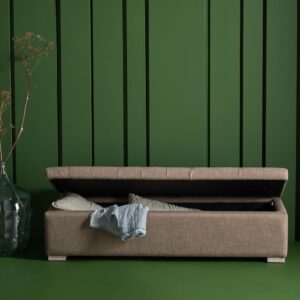 Truhenbank aus Holz mit taupefarbenem Stoffbezug - L140 cm 140x39x44cm Stoff Braun Signature Möbel Schlafzimmermöbel Bettbänke