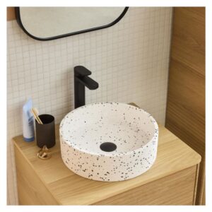 wohnli-moebel-suche-M24139135-1 38cm rundes Terrazzo-Aufsatzwaschbecken 38x12x38cm Keramik Weiß Mob In Möbel Badezimmermöbel Waschtische