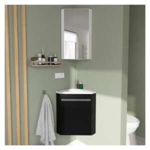 wohnli-moebel-suche-M24139155-1 Eckwaschbecken + Wasserhahn + -Schrank 35x53x35cm Spanplatte Schwarz Mob In Möbel Badezimmermöbel Waschbecken