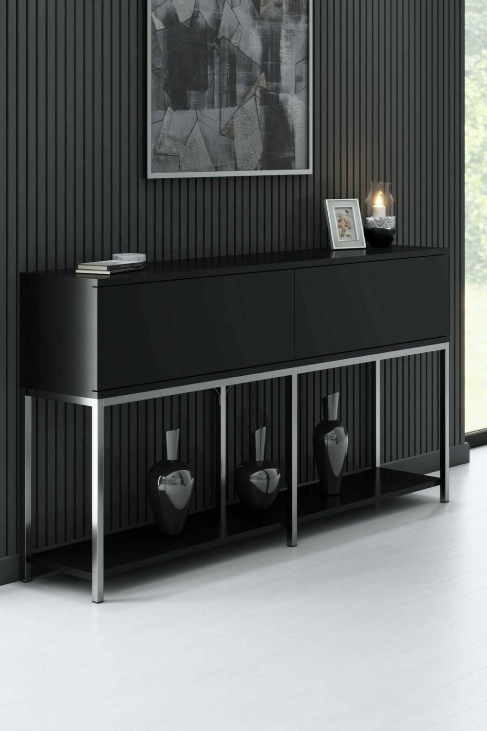Kommode Holzeffekt schwarzes silber 150x30  cm 150x80x30cm Holz Schwarz Dmora Möbel Esszimmermöbel Sideboards, Highboards & niedrige Anrichten