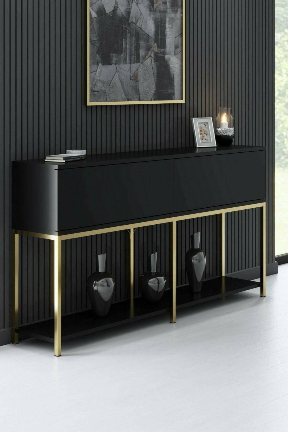 Kommode Holzeffekt schwarzes gold 150x30  cm 150x80x30cm Holz Schwarz Dmora Möbel Esszimmermöbel Sideboards, Highboards & niedrige Anrichten