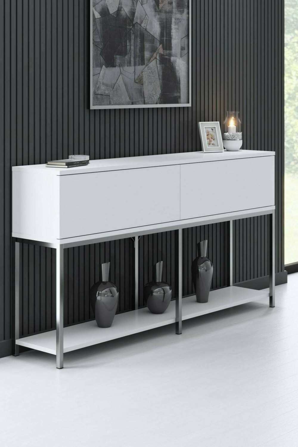 Kommode Holzeffekt weißsilber 150x30  cm 150x80x30cm Holz Weiß Dmora Möbel Esszimmermöbel Sideboards, Highboards & niedrige Anrichten