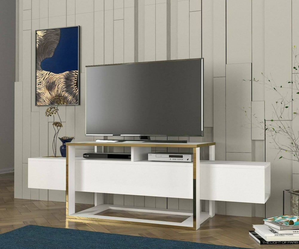 Fernsehschrank Holzeffekt weißes gold 160x46  cm 160x50x46cm Holz Weiß Dmora Möbel Wohnzimmermöbel TV-Möbel