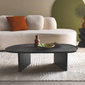 Ovaler Couchtisch aus Mangoholz und schwarzem Steinfurnier 119x35x60cm Holz Schwarz sweeek Möbel Wohnzimmermöbel Couchtische