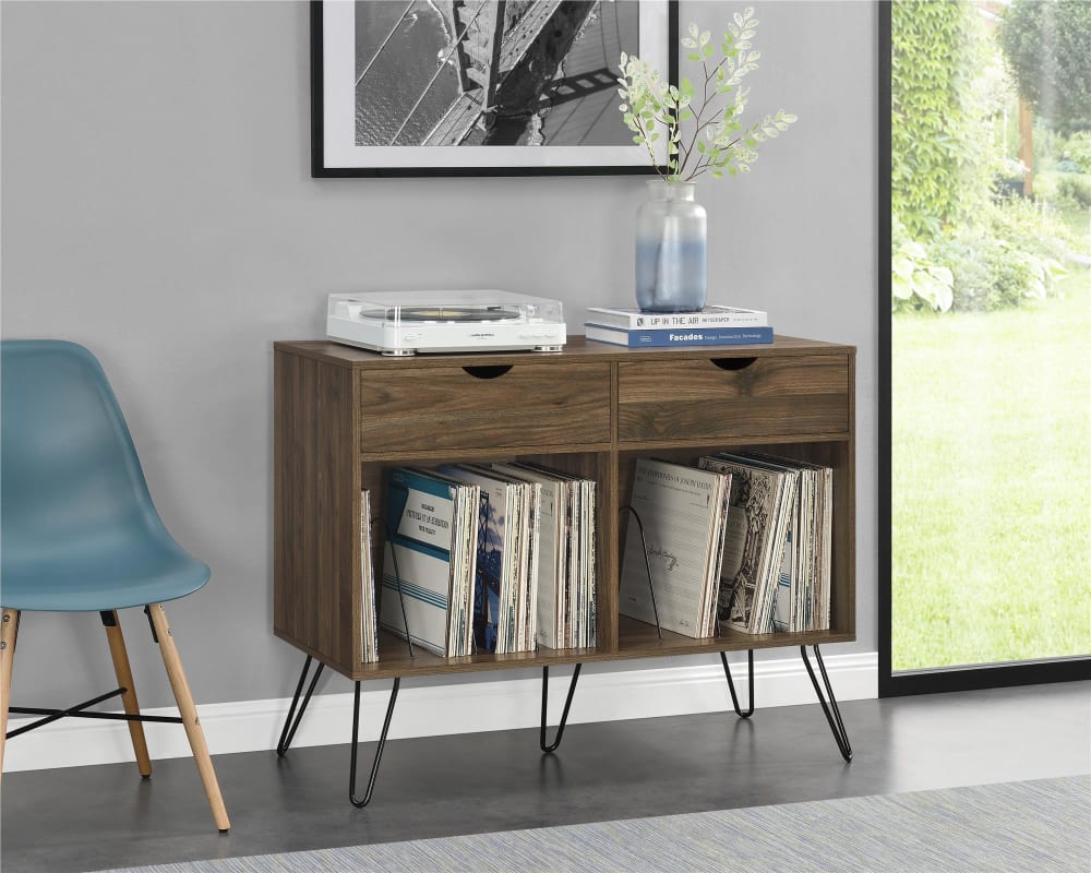wohnli-moebel-suche-M24142958-1 Media-Regal Plattenschrank mit 2 Schubladen in Walnussoptik 43x79x99cm Spanplatte Braun Novogratz Möbel Esszimmermöbel Sideboards, Highboards & niedrige Anrichten