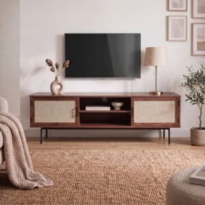 TV-Möbel in Walnussdekor mit Fronten aus Stoff - L140 cm 140x45x40cm Spanplatte Braun Calicosy Möbel Wohnzimmermöbel TV-Möbel