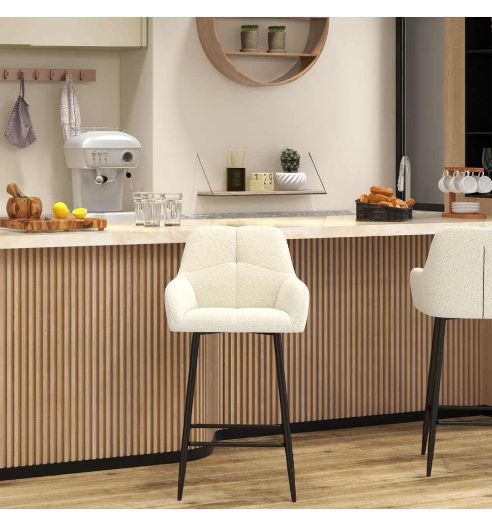 2er Set Barhocker aus Ecru-Loopback-Stoff und schwarzem Metall 44x93x49cm Stoff Weiß Moloo Möbel Esszimmermöbel Barhocker