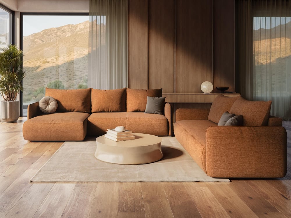 5-Sitzer Ecksofa mit Schlaffunktion Links aus Strukturstoff