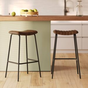 2er-Set Barhocker 77 cm aus braunem Leder mit Metallfüßen 47x77x37cm Leder Braun Maison Pavane Möbel Esszimmermöbel Barhocker