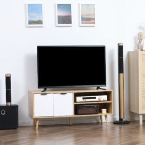 wohnli-moebel-suche-M24155713-1 Skandinavischer weißer Holzfernsehtisch auf Beinen 110x49x39cm Spanplatte Beige Homcom Möbel Wohnzimmermöbel TV-Möbel