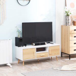 wohnli-moebel-suche-M24155718-1 Meuble TV bas sur pied style scandinave MDF blanc aspect bois clair 120x46x37cm Spanplatte Beige Homcom Möbel Wohnzimmermöbel TV-Möbel