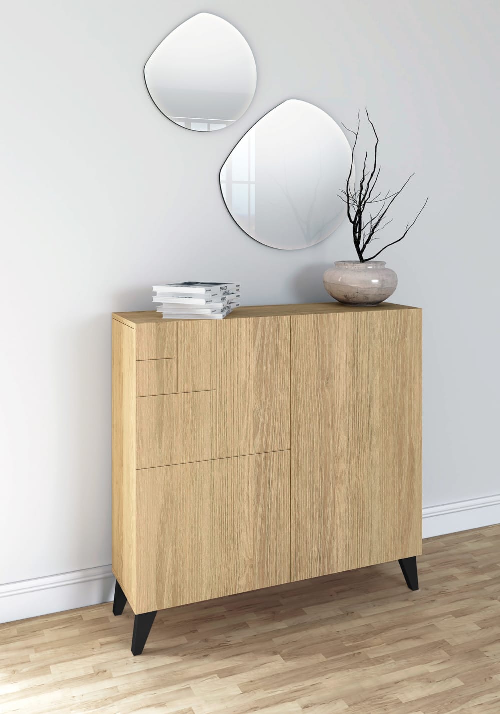 Schuhschrank aus Melamin in Eiche mit schwarzen Füßen 87x90x27 cm 90x87x27cm Spanplatte Braun Herdasa Möbel Flurmöbel Schuhschränke