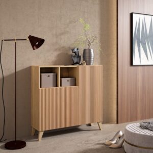 Schuhschrank aus Melamin in Gold-Eiche mit Türen Lattenoptik 87x90x27 90x87x27cm Spanplatte Braun Herdasa Möbel Flurmöbel Schuhschränke