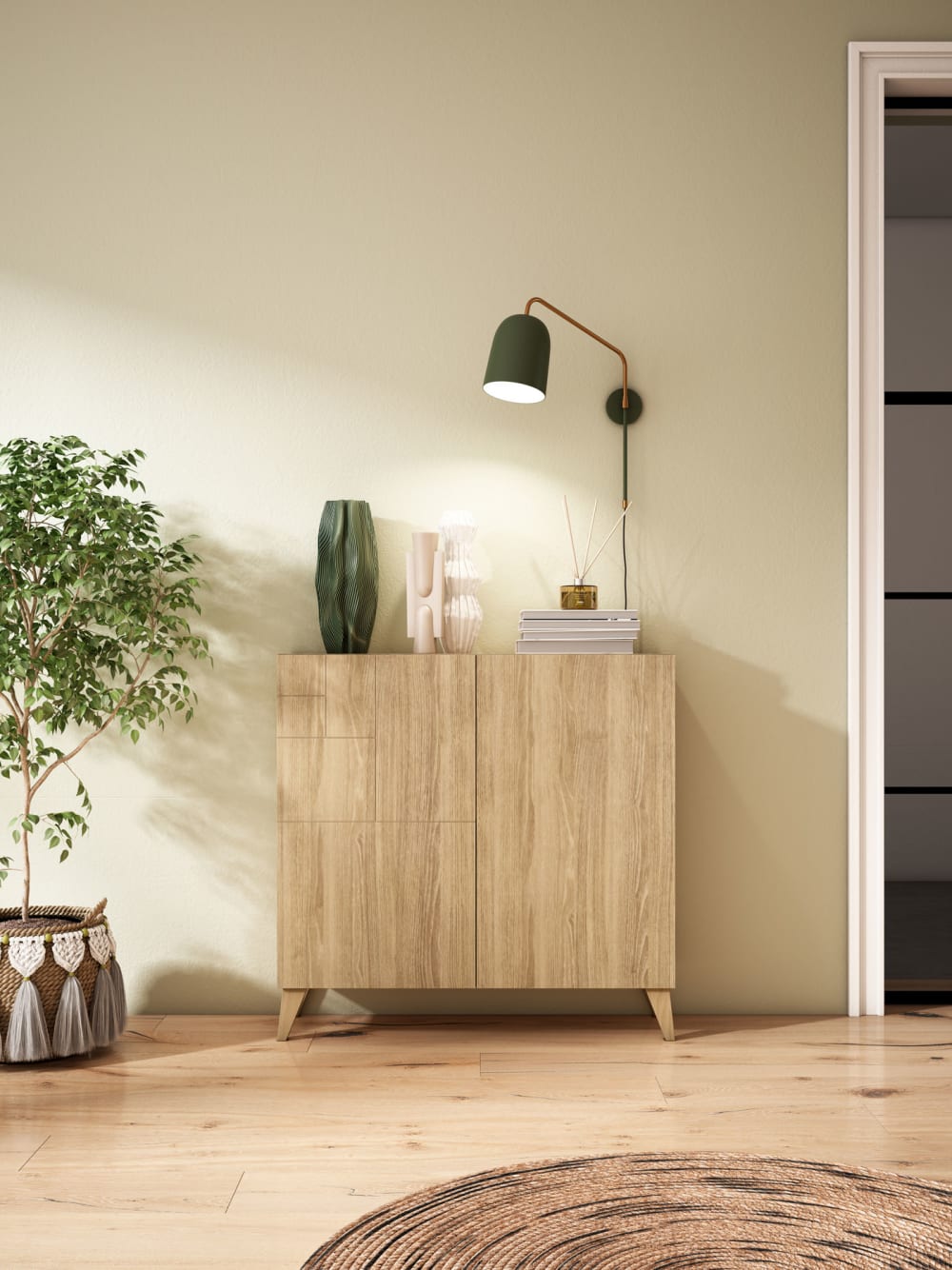 Schuhschrank aus Melamin in Eiche mit Füßen in Eiche 87x90x27 cm 90x87x27cm Spanplatte Braun Herdasa Möbel Flurmöbel Schuhschränke