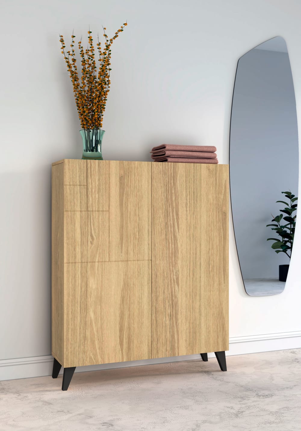 Schuhschrank aus Melamin in Gold-Eiche mit schwarzen Füßen 109x90x27 90x112x27cm Spanplatte Braun Herdasa Möbel Flurmöbel Schuhschränke