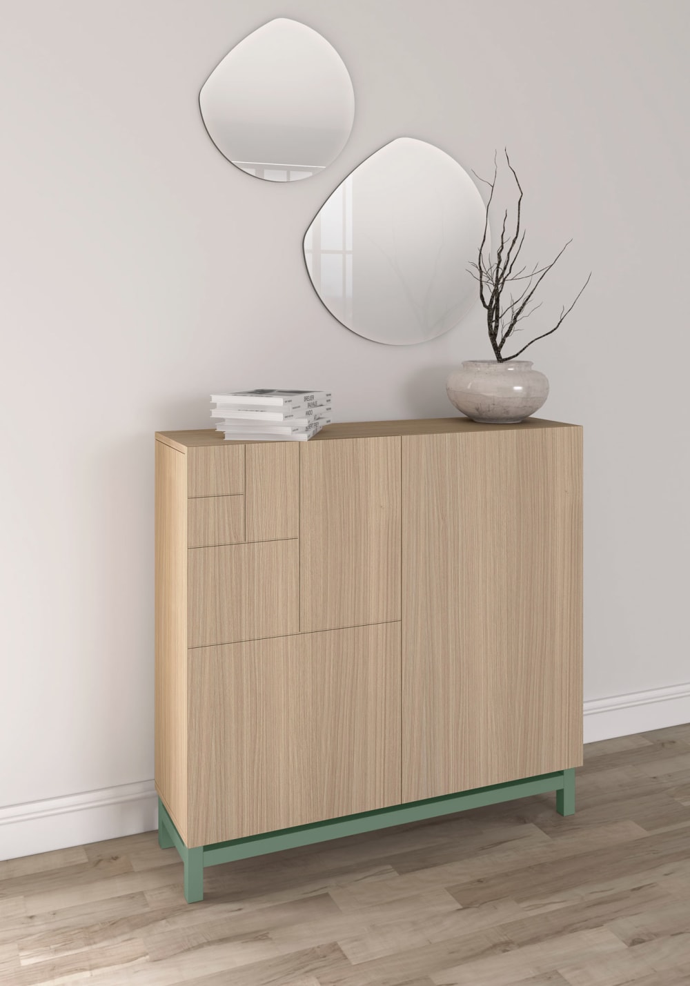 Schuhschrank aus Melamin in Hell-Nussbaum mit grünen Füßen 90x90x27 cm 90x109x27cm Spanplatte Braun Herdasa Möbel Flurmöbel Schuhschränke