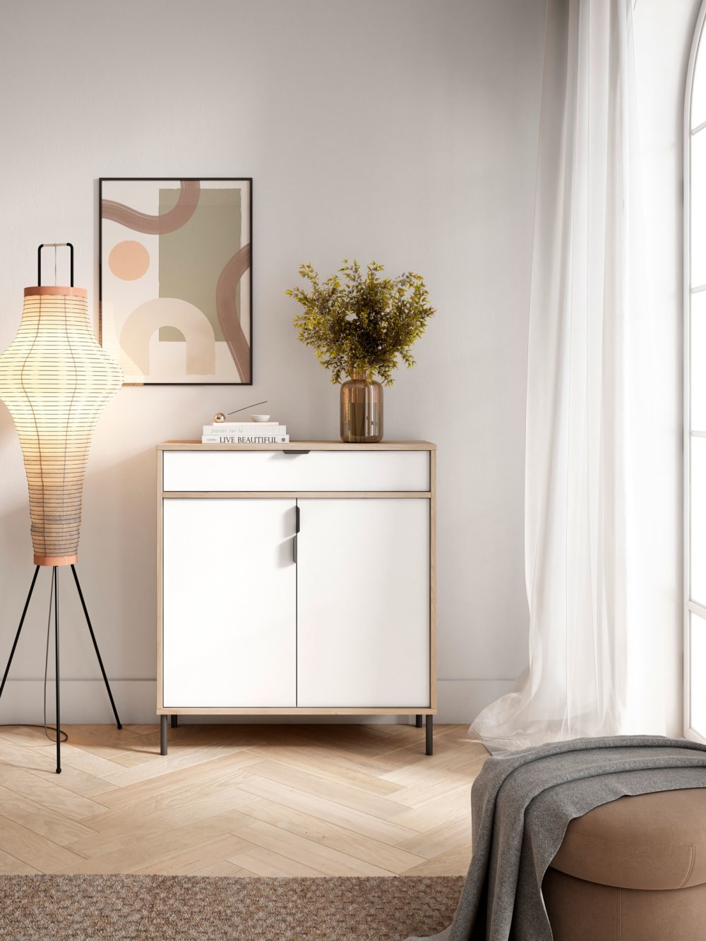 Schuhschrank aus Melamin in Hell-Eiche mit weißen Türen 89x80x29 cm 80x89x29cm Spanplatte Braun Herdasa Möbel Flurmöbel Schuhschränke