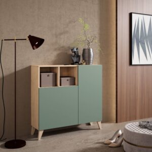 wohnli-moebel-suche-M24156260-1 Schuhschrank aus Melamin in Hell-Eiche mit Türen in Grün 87x90x27 cm 90x87x27cm Spanplatte Braun Herdasa Möbel Flurmöbel Schuhschränke