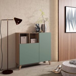 Schuhschrank aus Melamin in Nussbaum mit Türen in Grün 87x90x27 cm 90x87x27cm Spanplatte Braun Herdasa Möbel Flurmöbel Schuhschränke