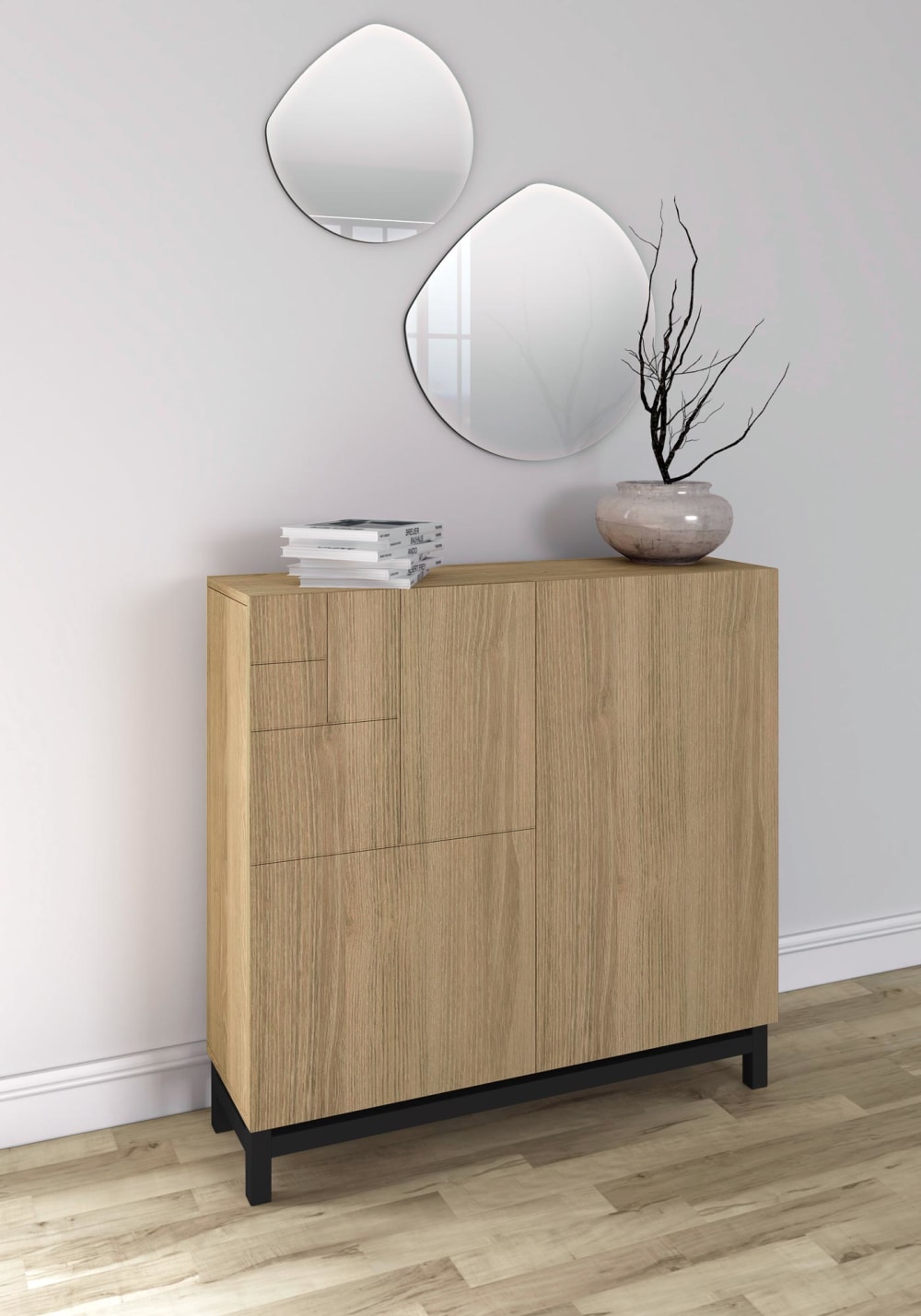 Schuhschrank aus Melamin in Gold-Eiche mit schwarzen Füßen 90x90x27 cm 90x109x27cm Spanplatte Braun Herdasa Möbel Flurmöbel Schuhschränke