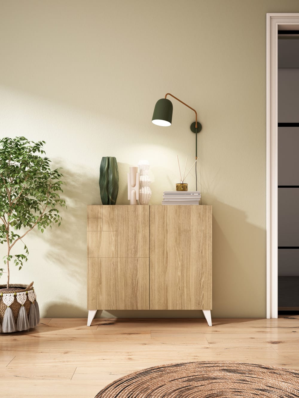 Schuhschrank aus Melamin in Eiche mit weißen Füßen 87x90x27 cm 90x87x27cm Spanplatte Braun Herdasa Möbel Flurmöbel Schuhschränke