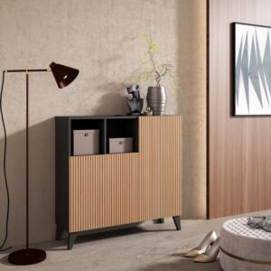 Schuhschrank aus Melamin Graphit mit Türen in Lattenoptik 87x90x27 cm 90x87x27cm Spanplatte Braun Herdasa Möbel Flurmöbel Schuhschränke