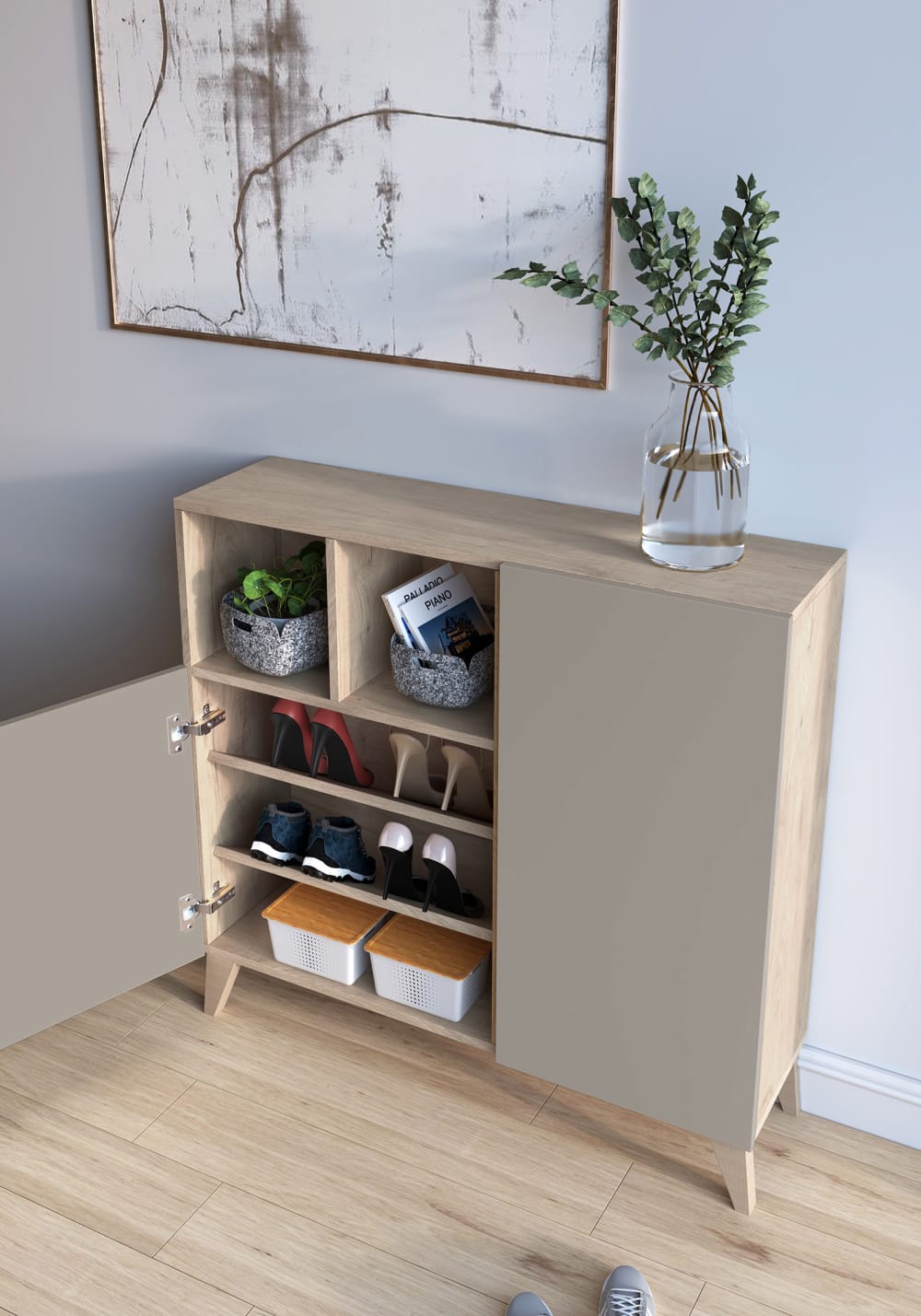 Schuhschrank aus Melamin in Hell-Eiche mit Türen in Sand 87x90x27 cm 90x87x27cm Spanplatte Braun Herdasa Möbel Flurmöbel Schuhschränke