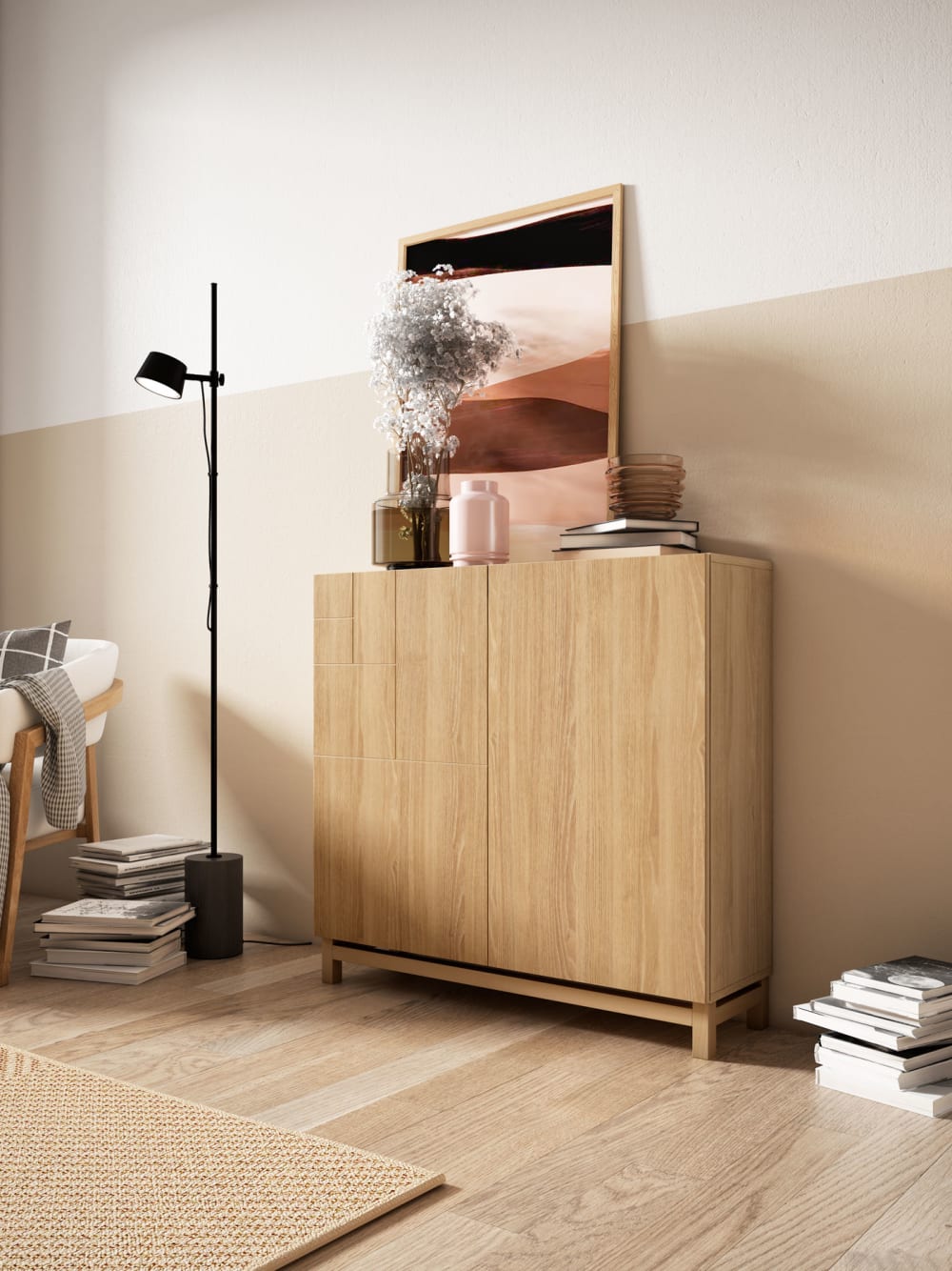 Schuhschrank aus Melamin in Gold-Eiche mit Füßen 90x90x27 cm 90x109x27cm Spanplatte Braun Herdasa Möbel Flurmöbel Schuhschränke