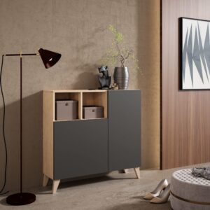 Schuhschrank aus Melamin in Hell-Eiche mit Türen in Graphit 87x90x27 90x87x27cm Spanplatte Braun Herdasa Möbel Flurmöbel Schuhschränke